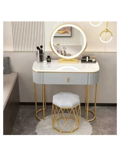 Dressing Table with LED Lights Mirror, Makeup Table and Padded Stool Set, Makeup Dressing Table Touch Light, for Small Bedrooms in Small Spaces.. (GREY)