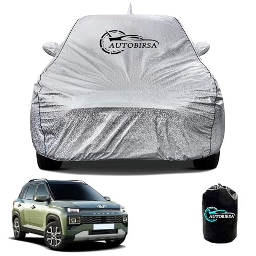 AUTOBIRSA Waterproof Car Body Cover for Hyundai Exter with Mirror and Antenna Pocket and Soft Cotton Lining (4 Side Elastic Triple Stitched & Metallic Silver with Black Piping Style) - Image 1
