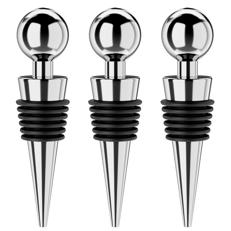 BETTFOR Wine Stoppers for Wine Bottles 3Pcs Vacuum Wine Bottle Stopper with Silicone Reusable Wine Corks, Leak proof Keep Fresh Suitable for Standard (Silver, 3 Pack) - Image 1