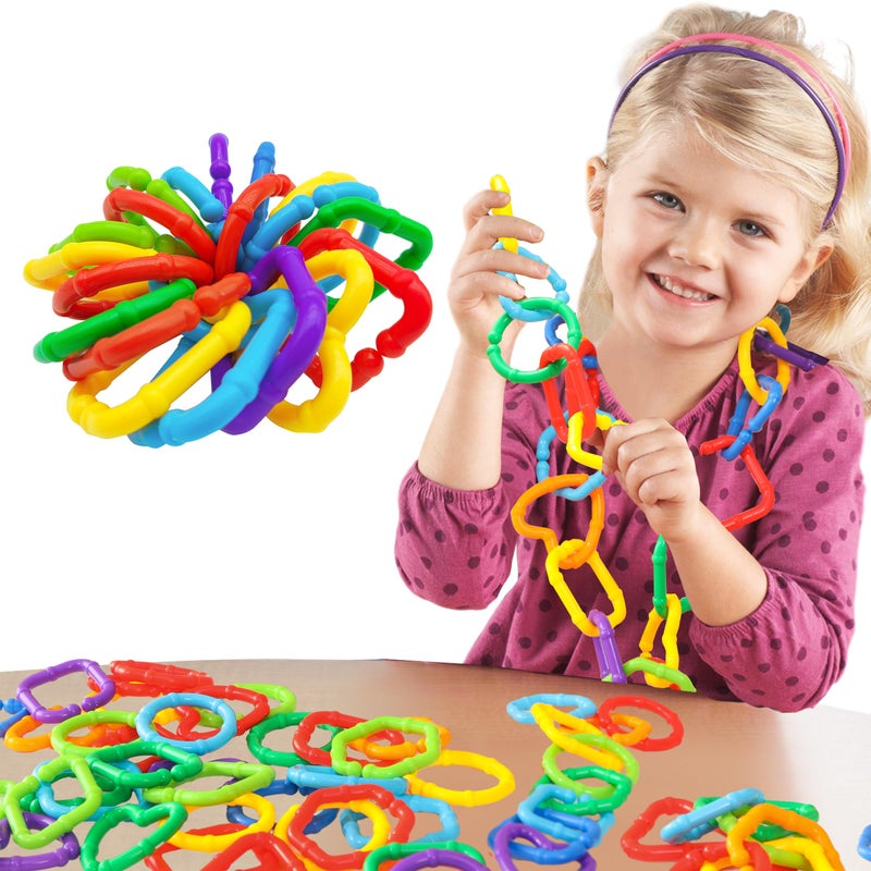 RAINBOW TOYFROG Baby Links Rings - 35 Geometric Linking Chains for Infants & Toddlers - Safe Teething and Sensory Development Toys - Car Seat & Stroller Accessories - Image 1