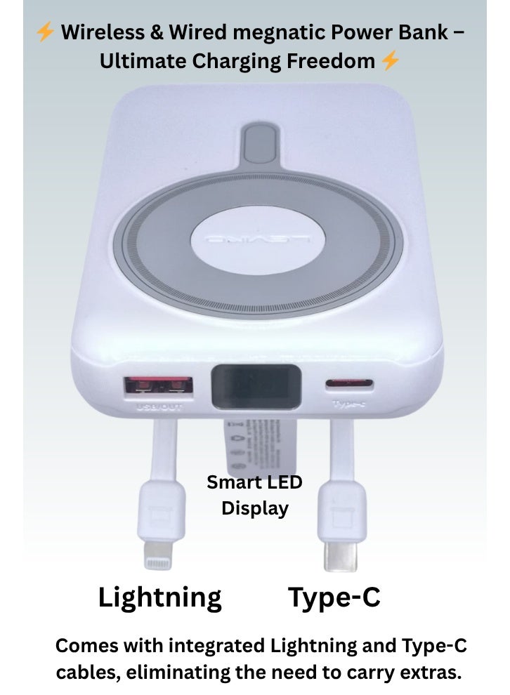 Ultra Fast 1MagSafe-Style Magnetic Wireless & Wired Power Bank – Dual Cable (Lightning + Type-C), Fast Charge, LED Indicator - Image 1