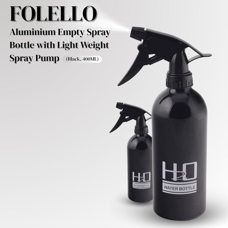 FOLELLO Aluminium Empty Spray Bottle with Light Weight Spray Pump | Long Lasting Professional Multipurpose Sprayer for Salon, Home & Parlours (Black, 400ML) - Image 2