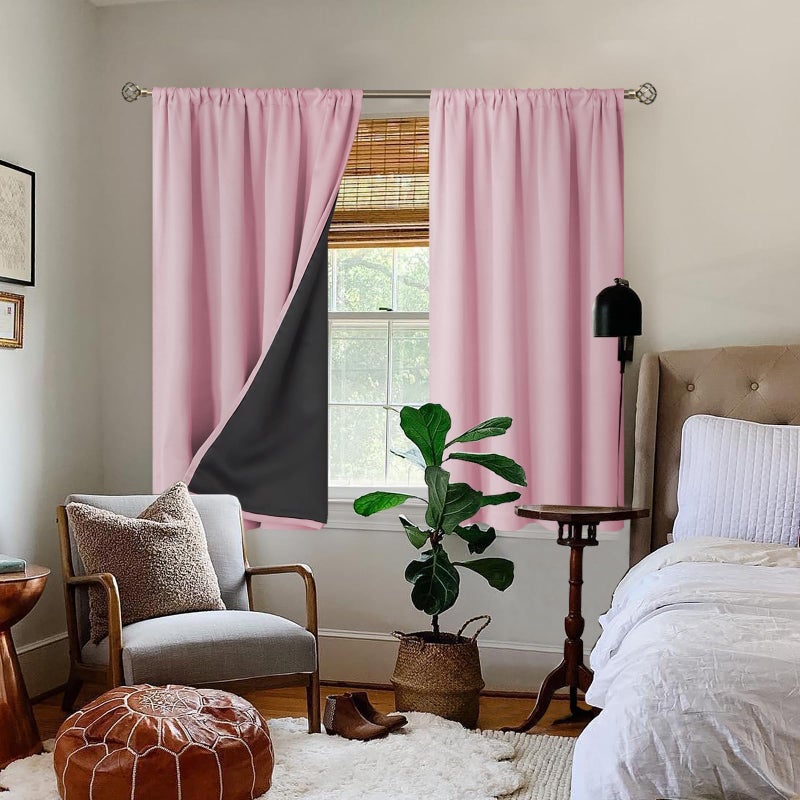 BGment الستائر الوردي القصيرة القصيرة للالتحضين 2 لوحات مجموعة الستائر الستائر معزولة الحرارية والضوضاء إلغاء كامل الأسود خارج غرفة الطفل 54 بوصة كل ستائر صغيرة 42 بوصة - Image 2