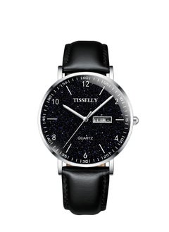 T079 Starry Sky Silver Case Blue Face Black Leather Strap