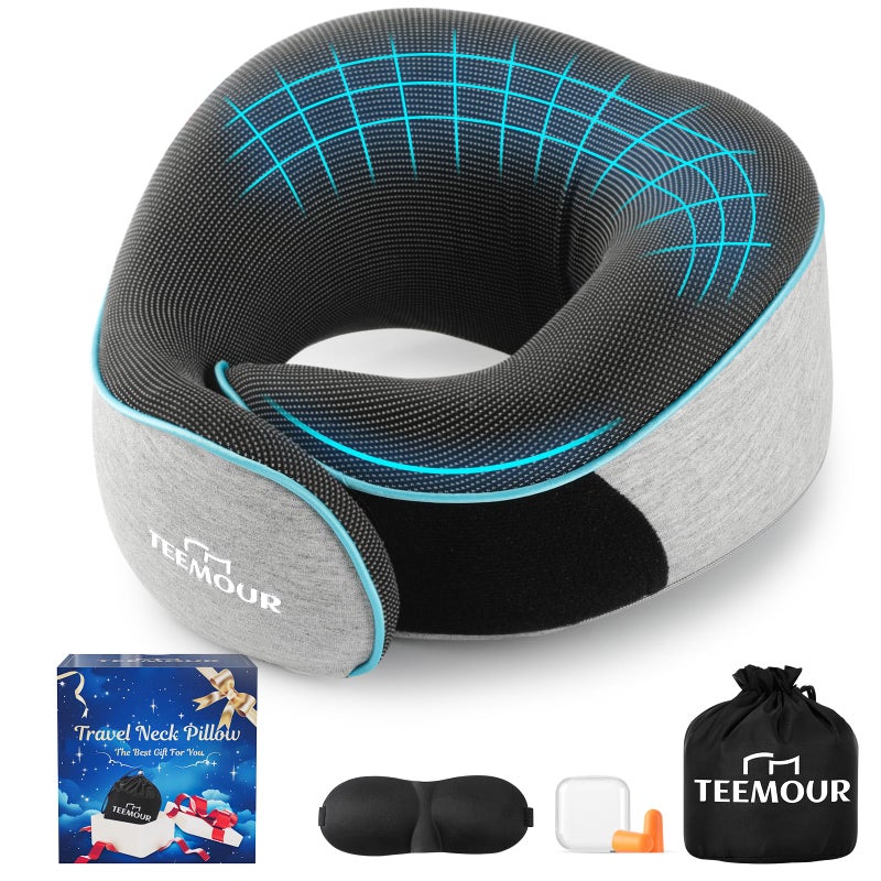 Upgraded Travel Pillow Memory Foam Neck Pillow Airplane 360 Support Travel Pillows for Airplanes With Eye Mask  Earplugs Portable Carry Bag for Long Flights Train Best Travel Essentials
