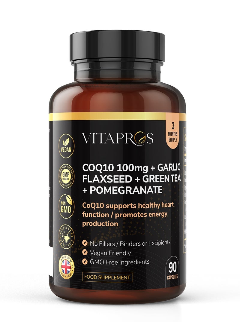 Vitapros CoQ10 100 mg with Garlic, Flaxseed, Green Tea & Pomegranate – Antioxidant & Energy Support Formula – Ubiquinone Capsules - Image 1