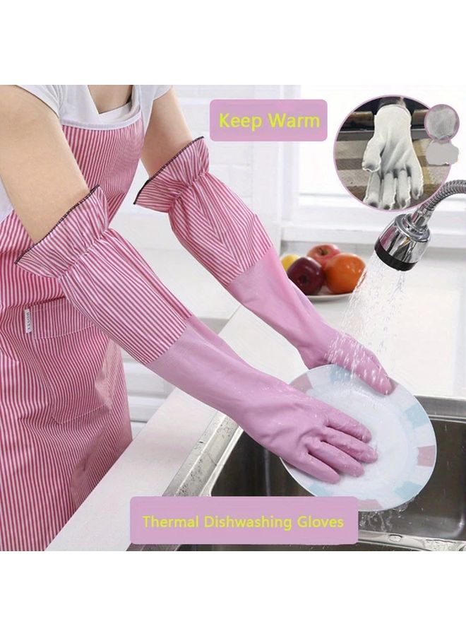 Pink Long Thermal Waterproof Kitchen Gloves Non Slip Durable Household Cleaning - Image 1