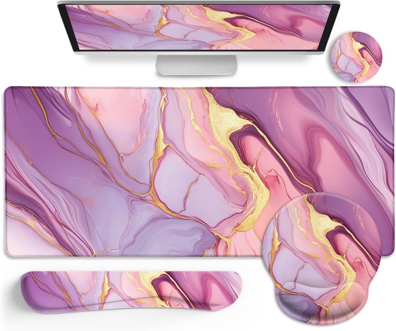LIMKRIAN Marble Mouse Pad Set Large Desk Matt for Desktop, Ergonomic Mouse Pad with Wrist Rest for Gaming Wrist Support Keyboard Mat Cup Coaster Set Office Desk Decor Accessories - Image 1