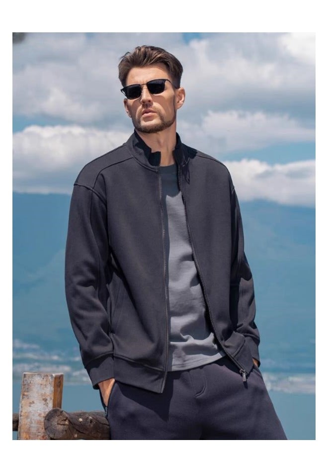 Heavy Duty Fleece Thick Cardigan Sweatshirt Men's Stand Up Collar Casual Knitted Sports Jacket - Image 2