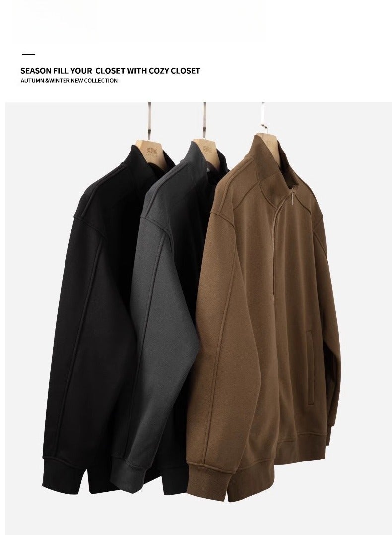 Heavy Duty Fleece Thick Cardigan Sweatshirt Men's Stand Up Collar Casual Knitted Sports Jacket - Image 5