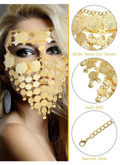 HY ​Adjustable Fit Size Luxurious & Elegant Gold Jewelry Veil Face Chain Mask For Dance, Carnival, Party Cosplay Accessory, Lady Belly Dance Jewelry Coin Veil  - Image 3