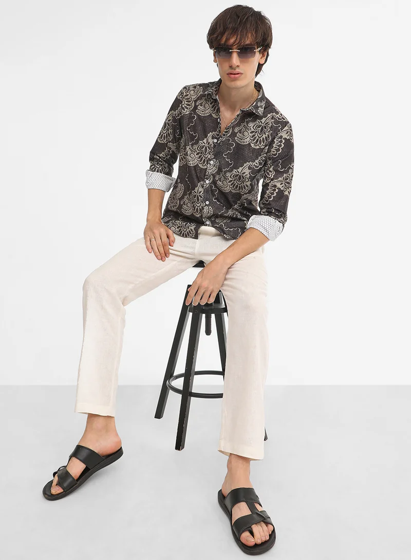 كامبوس سوترا Men's Charcoal Black Floral Block Shirt