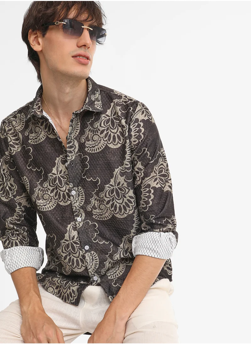 Campus Sutra Men's Charcoal Black Floral Block Shirt