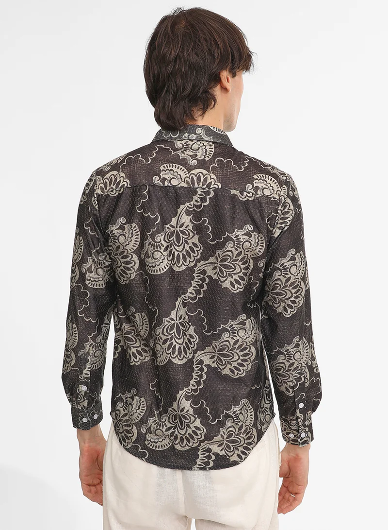 كامبوس سوترا Men's Charcoal Black Floral Block Shirt