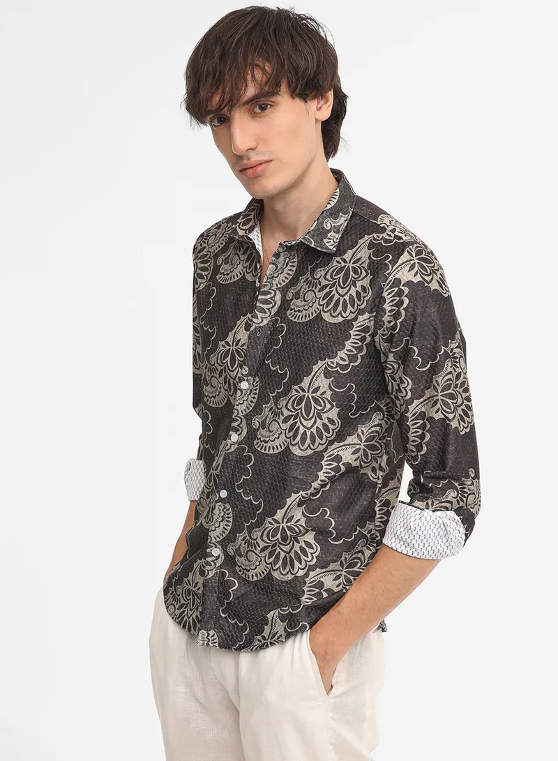 كامبوس سوترا Men's Charcoal Black Floral Block Shirt