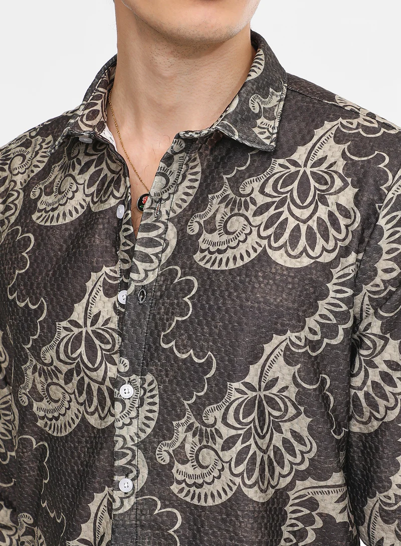كامبوس سوترا Men's Charcoal Black Floral Block Shirt