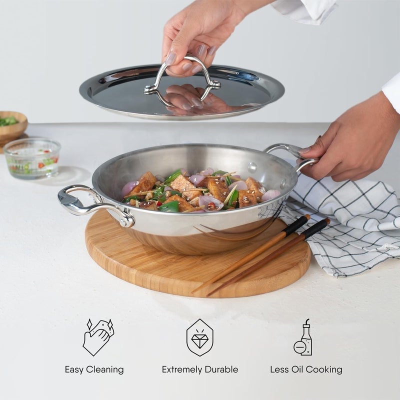 Stainless Steel TriPly Kadhai with Lid 28cm Diameter 37L Volume Stainless Steel Gas Induction Compatible  - Image 4