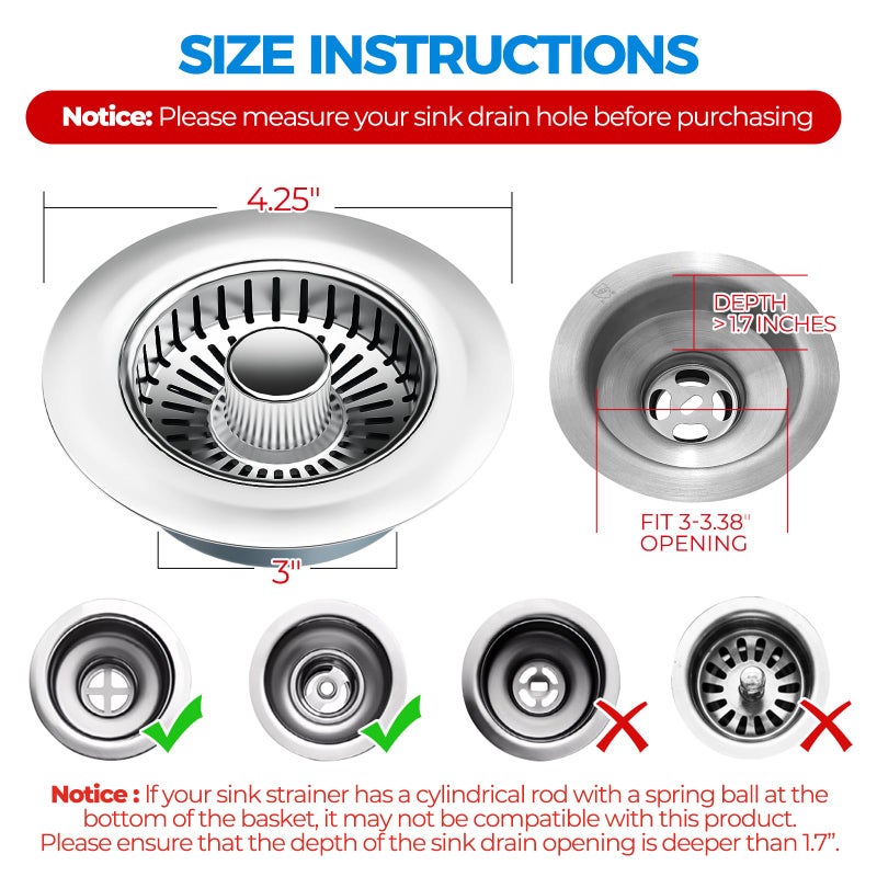 zaa Kitchen Sink Drain Strainer - Kitchen Sink Stopper, 304 Stainless Steel Sink Drain Stopper, Sink Protector for Kitchen with Anti-Clog Filter, Fit US Standard 3-1/2'' Sink Drain Hole, Silver - Image 5