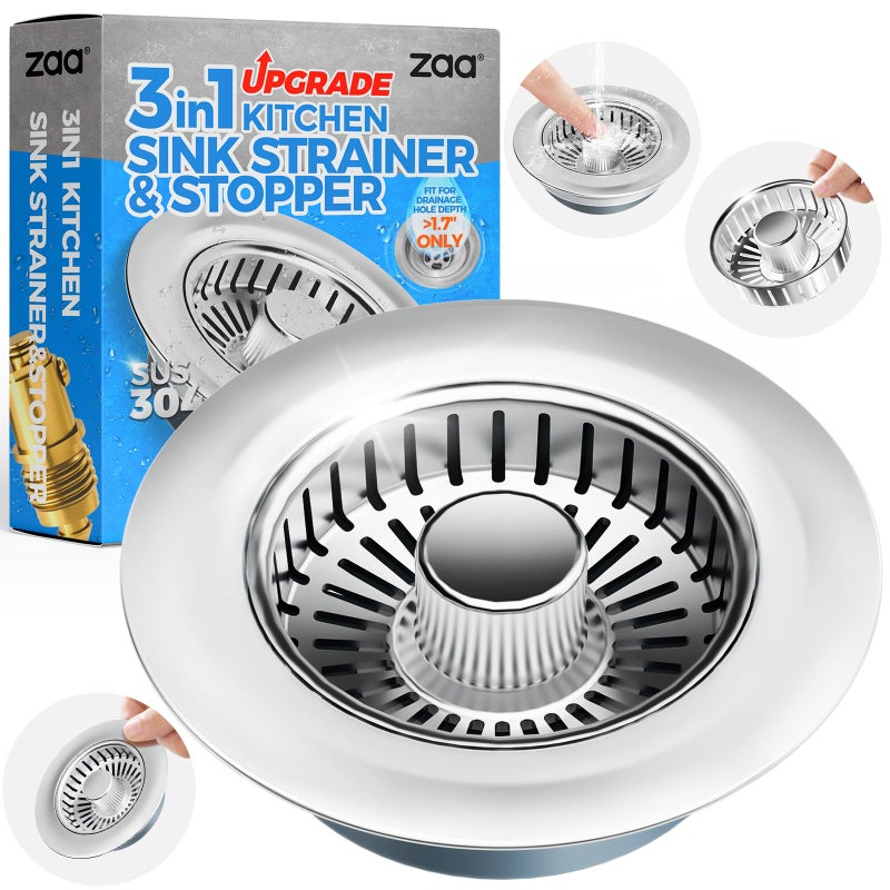 zaa Kitchen Sink Drain Strainer - Kitchen Sink Stopper, 304 Stainless Steel Sink Drain Stopper, Sink Protector for Kitchen with Anti-Clog Filter, Fit US Standard 3-1/2'' Sink Drain Hole, Silver - Image 1