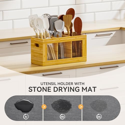 Yofidra Bamboo Utensil Holder Silverware Organizer Extra Large Cooking Holder with Absorbing Drying Stone and 6 Compartments Kitchen Countertop Storage Farmhouse Decor Accessories 118X47X59 - Image 3