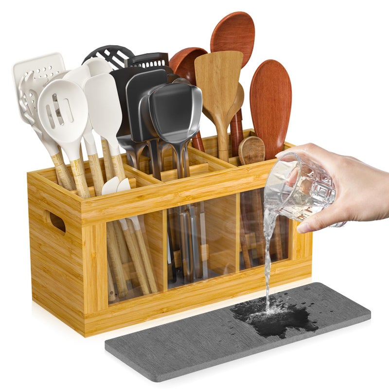 Yofidra Bamboo Utensil Holder Silverware Organizer Extra Large Cooking Holder with Absorbing Drying Stone and 6 Compartments Kitchen Countertop Storage Farmhouse Decor Accessories 118X47X59 - Image 2