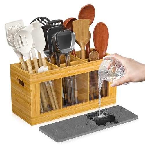 Yofidra Bamboo Utensil Holder Silverware Organizer Extra Large Cooking Holder with Absorbing Drying Stone and 6 Compartments Kitchen Countertop Storage Farmhouse Decor Accessories 118X47X59 - Image 1
