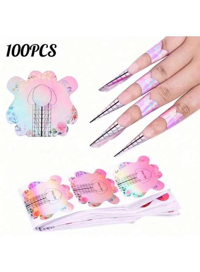 وردي 100 قطعة قوالب أظافر فرنسية أشكال تمديد الجل الأكريليكي استنسل تجعيد فن طلاء الأظافر قوالب مانيكير فنية - Image 4