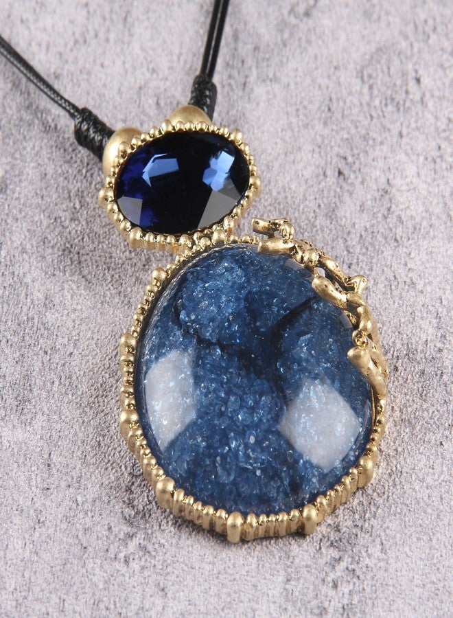 joymiao Chunky Boho Necklace Women Leather Necklace with Large Pendant Long Layered Cord Necklace Blue Stone Circle Statement Necklace Casual Bohemian Jewelry - Image 2