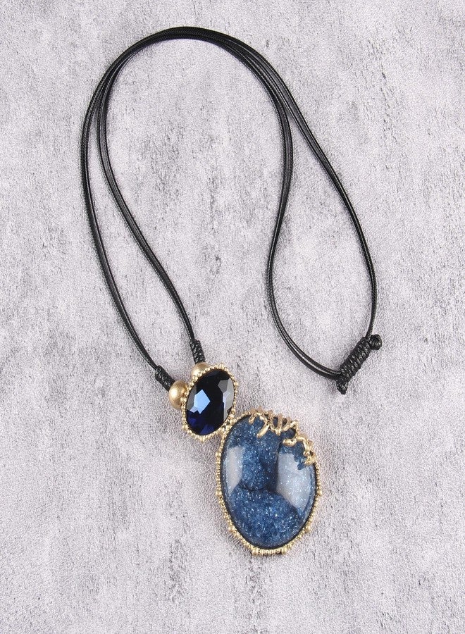 joymiao Chunky Boho Necklace Women Leather Necklace with Large Pendant Long Layered Cord Necklace Blue Stone Circle Statement Necklace Casual Bohemian Jewelry - Image 4