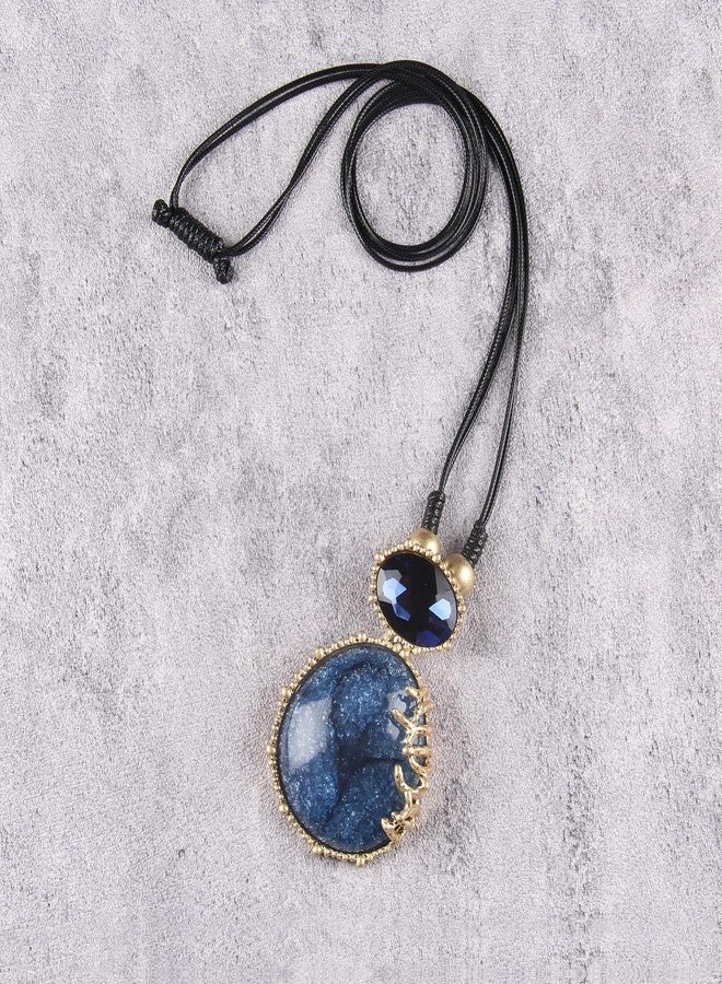 joymiao Chunky Boho Necklace Women Leather Necklace with Large Pendant Long Layered Cord Necklace Blue Stone Circle Statement Necklace Casual Bohemian Jewelry - Image 5