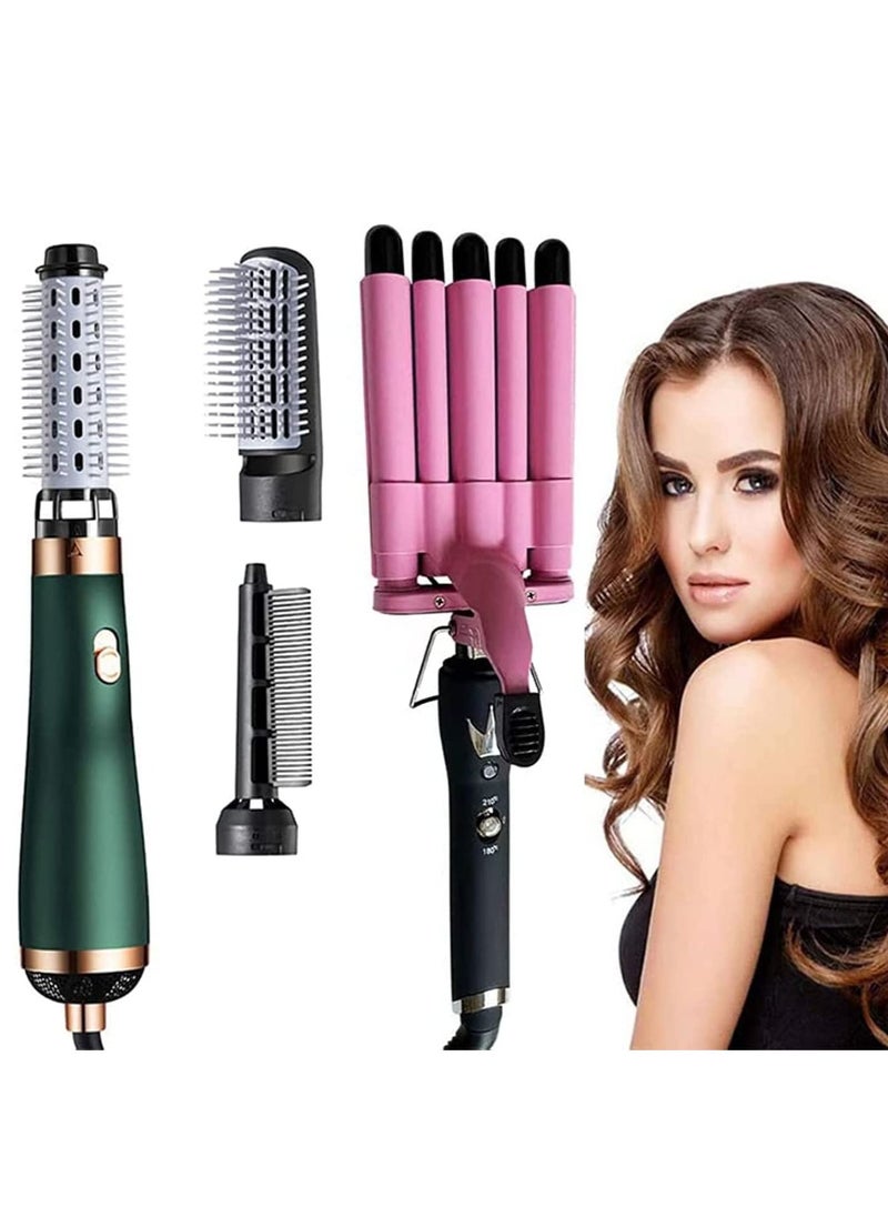 Generic - 2PCS Ceramic Hair Curler Irons Hair Wave Waver Hair Styler Wand 3 In 1 Hair Dryer Brush One Step Hair Dryer Brush (green) - Image 1