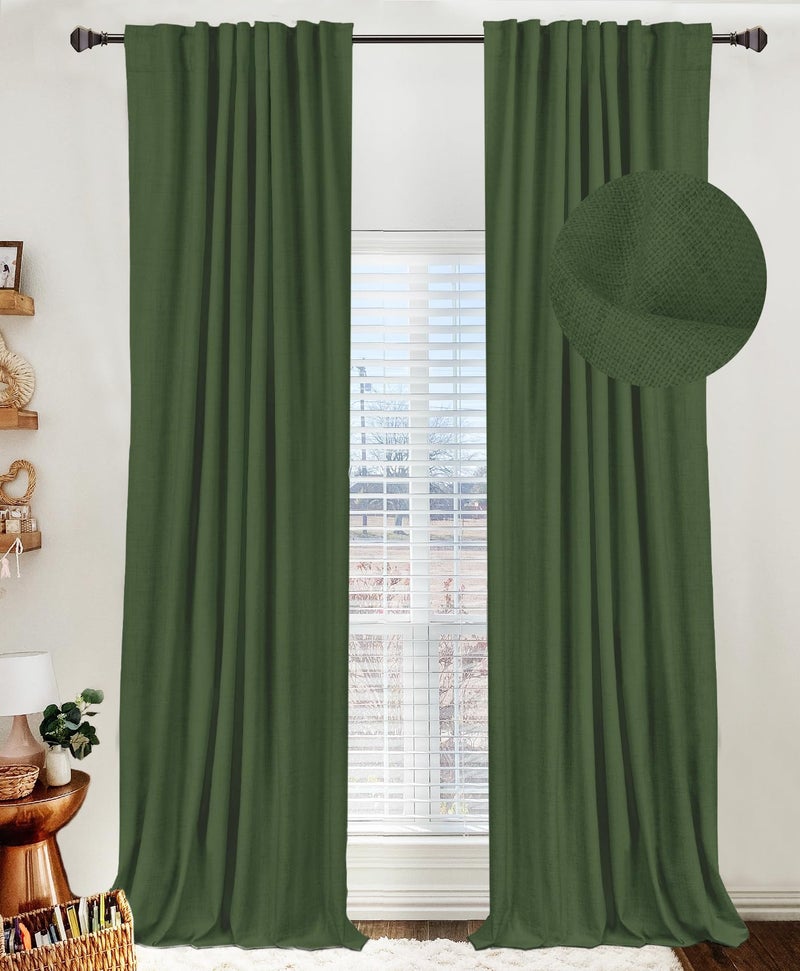 100% Blackout Shield Linen Blackout Curtains for Bedroom 120 Inches Long  Back Tab/Rod Pocket Living Room Drapes  Thermal Insulated Blackout Curtains 2 Panels Set  50"" W x 120"" L  Moss Green - Image 1