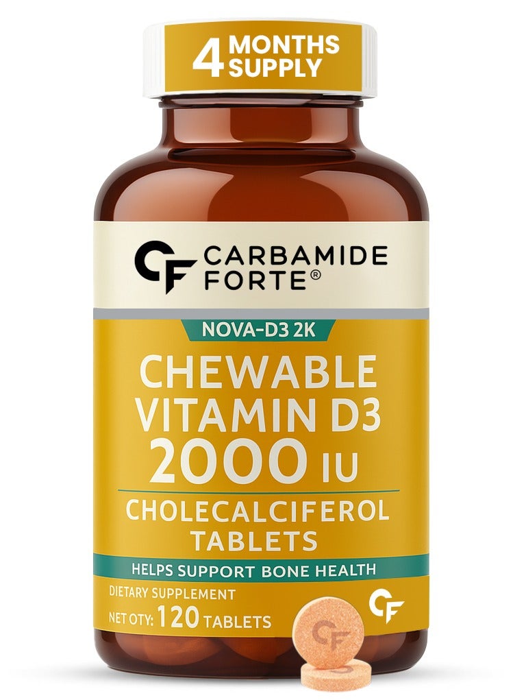 CARBAMIDE FORTE Chewable Vitamin D3 2000IU Cholecalciferol Tablets For Bone And Immune Health D3 Supplement Raspberry Flavour 120 Tablets - Image 1