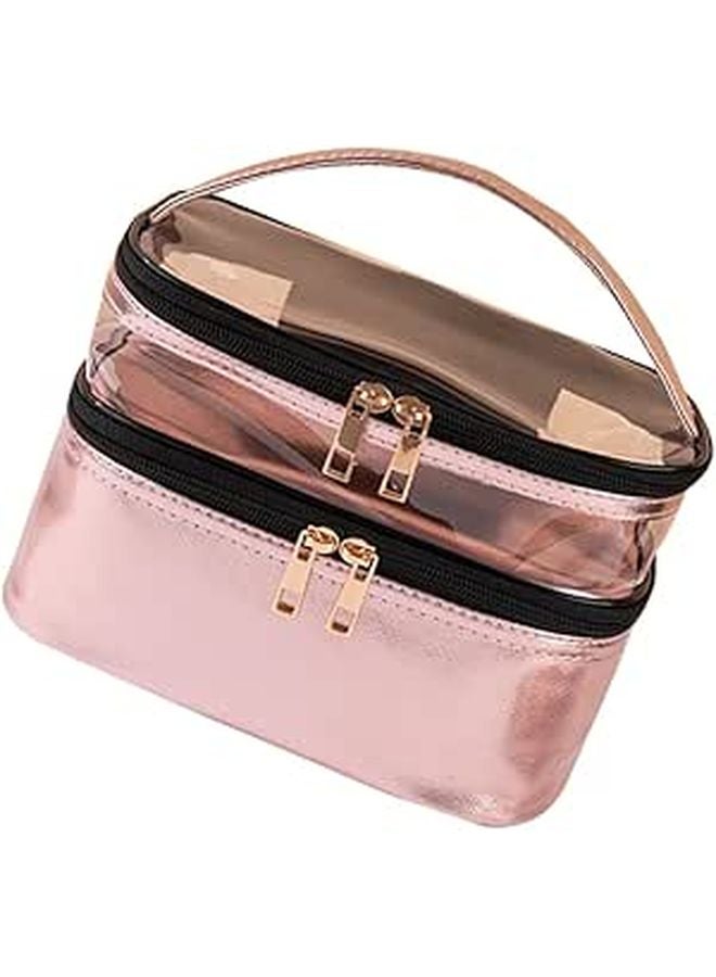 Metallic Pink Waterproof Double Layer Travel Cosmetic Bag Toiletry Organizer Pouch - Image 1