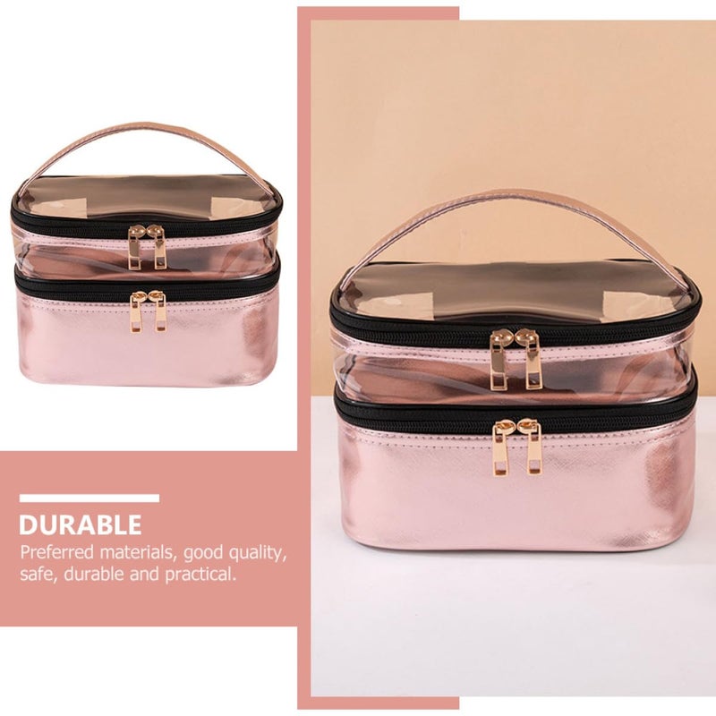 Metallic Pink Waterproof Double Layer Travel Cosmetic Bag Toiletry Organizer Pouch - Image 4
