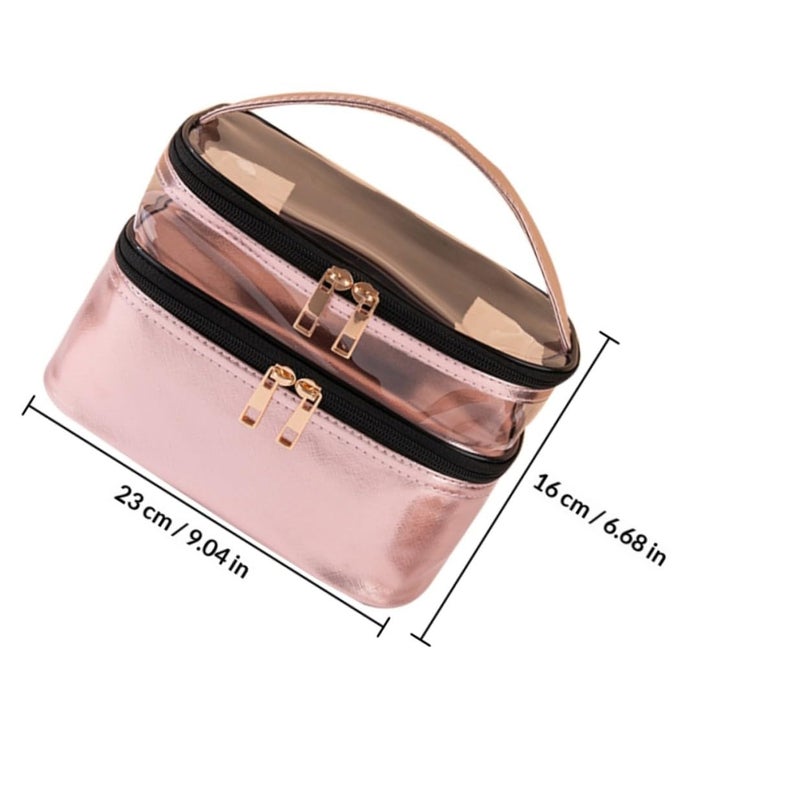 Metallic Pink Waterproof Double Layer Travel Cosmetic Bag Toiletry Organizer Pouch - Image 3