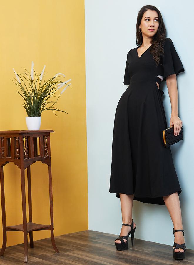 globus Women Black Solid V Neck A-Line Midi Dress with Cut Out Back - Image 1