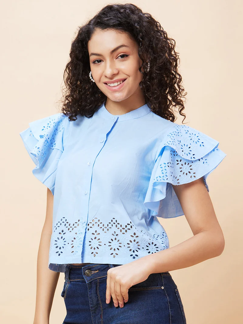 globus Women Mandarin Collar Flared Sleeves Pure Cotton Shirt Style Top