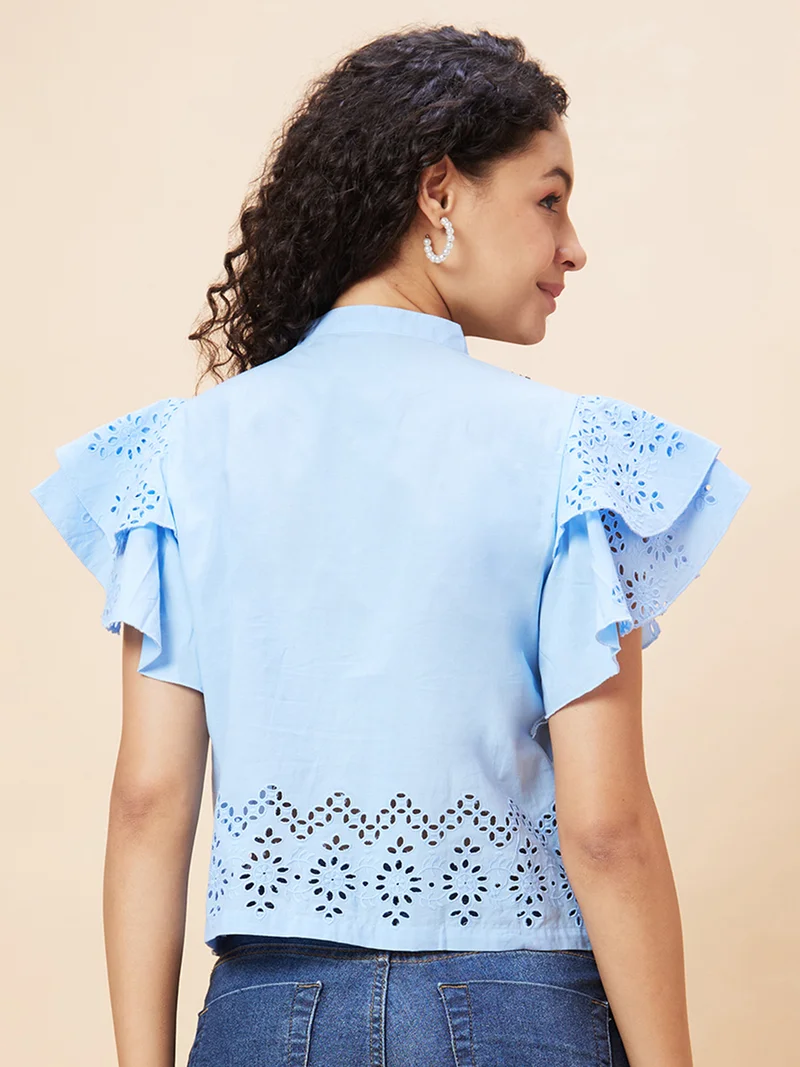 globus Women Mandarin Collar Flared Sleeves Pure Cotton Shirt Style Top