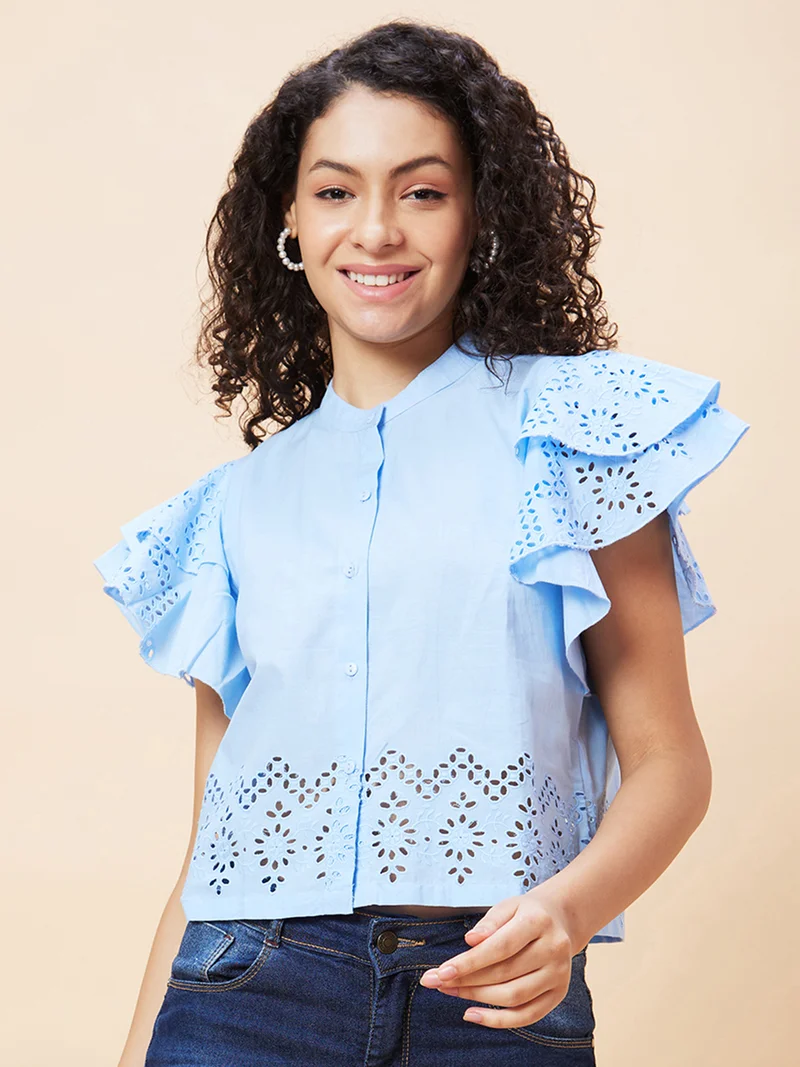 globus Women Mandarin Collar Flared Sleeves Pure Cotton Shirt Style Top
