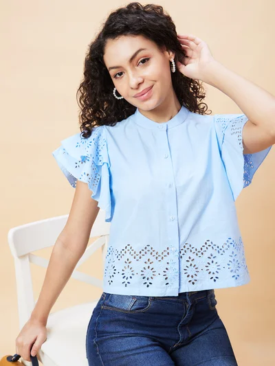 جلو باص Women Mandarin Collar Flared Sleeves Pure Cotton Shirt Style Top