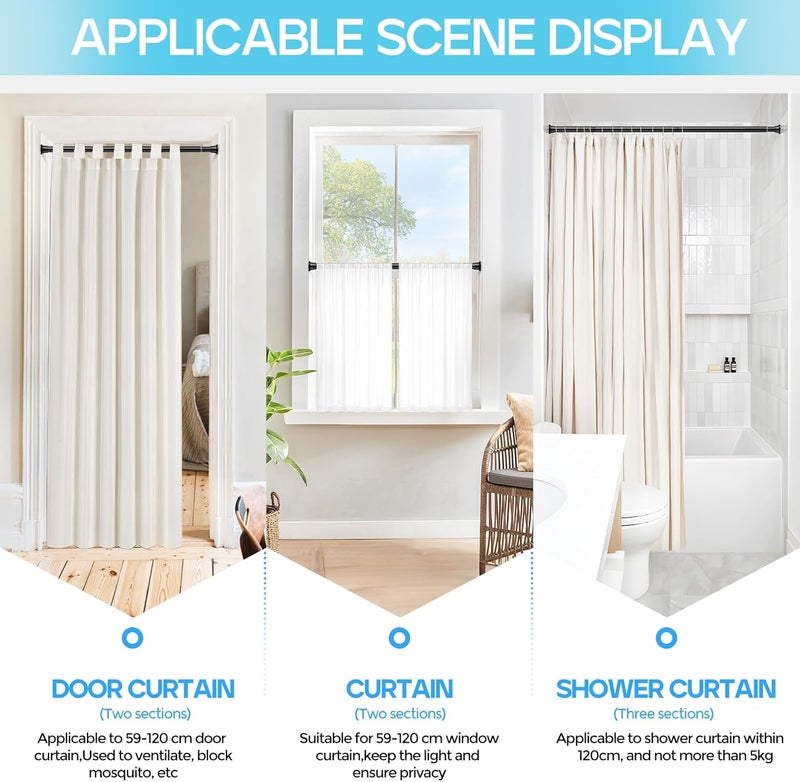 ZipGlo Extendable Shower Curtain Pole 59-120 cm Adjustable Telescopic Rod Extendable Curtain Poles, Tension Rods for Curtains Shower Curtain Pole No Drilling Shower Pole Black 1Pcs - Image 5