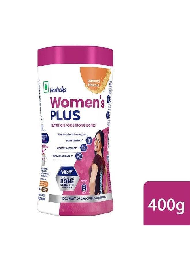 Horlicks Women's Plus Caramel Nutrition Drink 400 g Jar, Nutrition for strong Bones with 100% daily Calcium & Vitamin D - No Added Sugar - Image 2