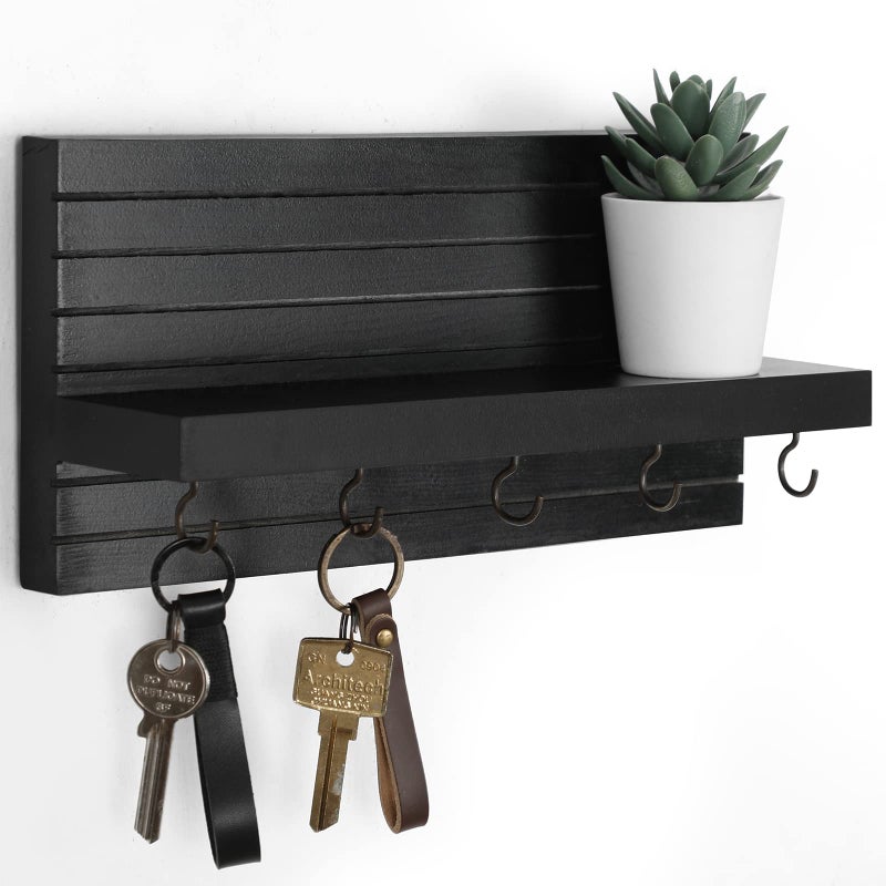 Lwenki Lwenki Decorative Key Holder for Wall with Shelf, Entryway Shelf with Hooks Holds Leashes, Jackets and Glasses – Sturdy Wood Keyholder Entrance Hanger with Mounting Hardware (Black)  - Image 1