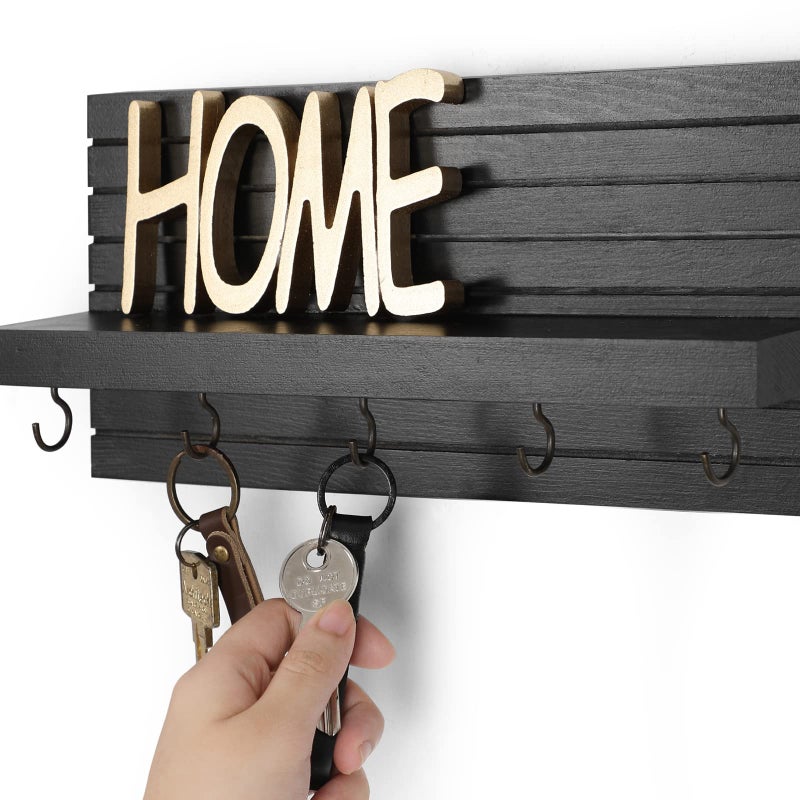 Lwenki Lwenki Decorative Key Holder for Wall with Shelf, Entryway Shelf with Hooks Holds Leashes, Jackets and Glasses – Sturdy Wood Keyholder Entrance Hanger with Mounting Hardware (Black)  - Image 4