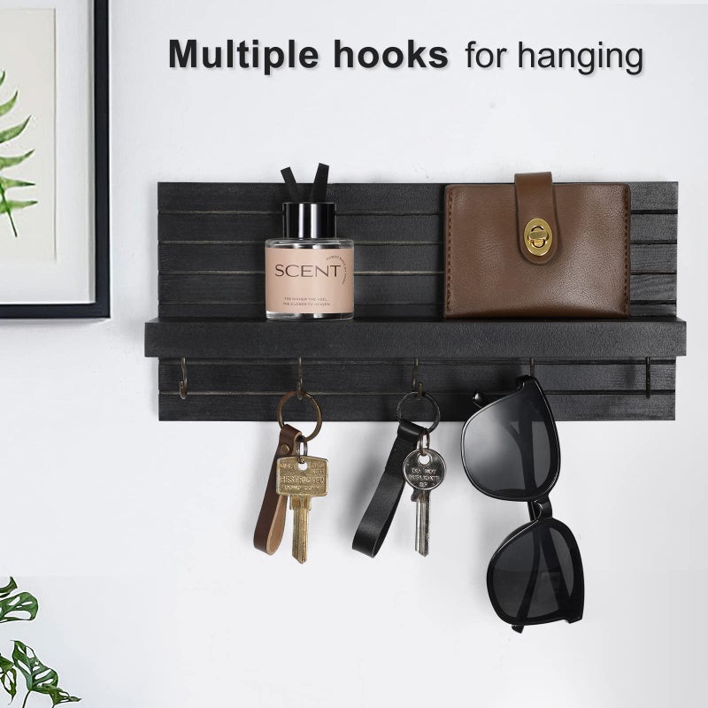 Lwenki Lwenki Decorative Key Holder for Wall with Shelf, Entryway Shelf with Hooks Holds Leashes, Jackets and Glasses – Sturdy Wood Keyholder Entrance Hanger with Mounting Hardware (Black)  - Image 5