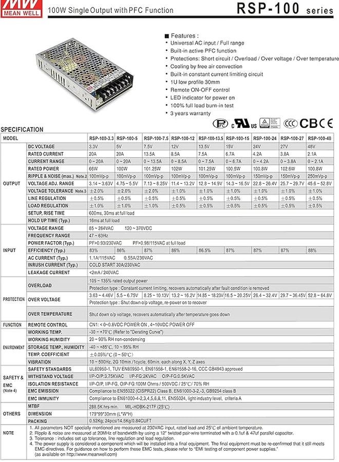 RSP 100 13 5V 7 5A 101 25W AC DC Power Supply Single Output 9 Pin - Image 3