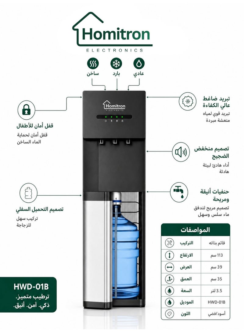 هوميترون موزع مياه سفلي التحميل، ساخن وبارد ودرجة حرارة الغرفة، قائم على الأرض، مزود بقفل أمان للأطفال، مثالي للمنزل والمكتب - المخزن، HWD-01B - Image 2