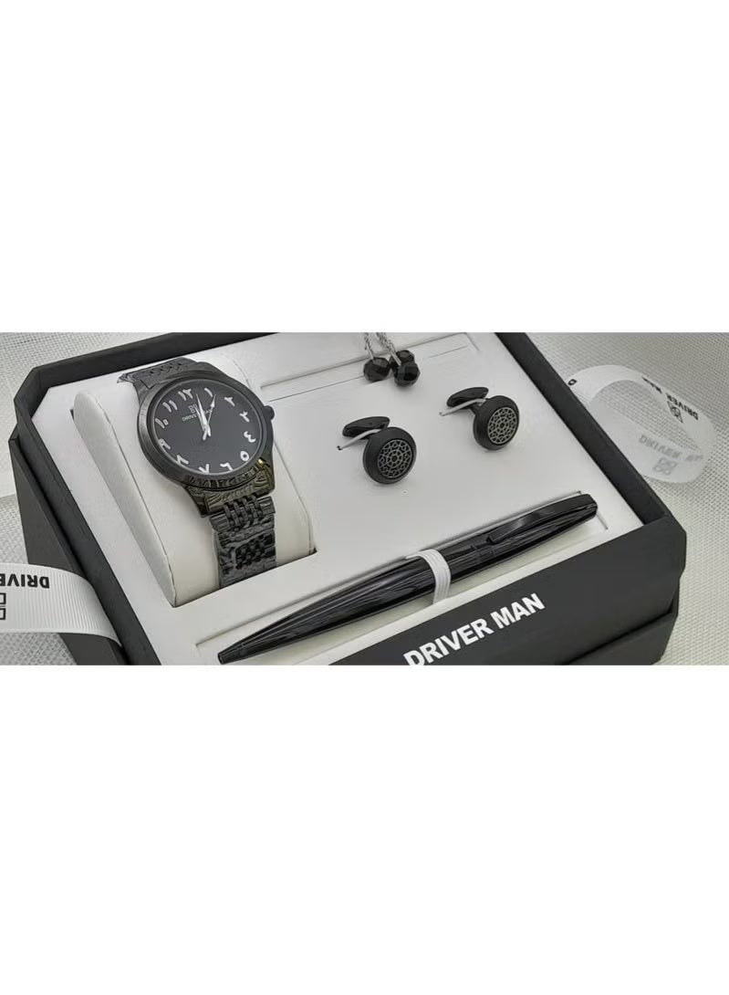 MAN Men's set, delicate design, with Arabic numerals. The set consists of 6 pieces: a watch, a cufflink, a pen, a prayer bead, a luxurious box, and a bag.