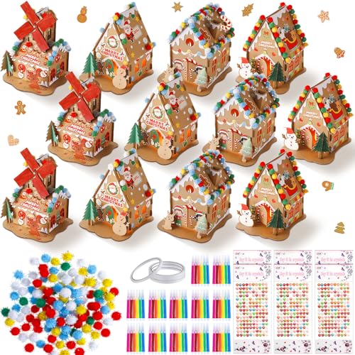 Poen 12 Set Christmas Gingerbread House Craft Kit Bulk Prebuilt Mini Gingerbread House with Pom Poms Markers Sticker Tapes Fun DIY Cardboard Christmas Craft for Holiday Party DecorationStylish Style - Image 1
